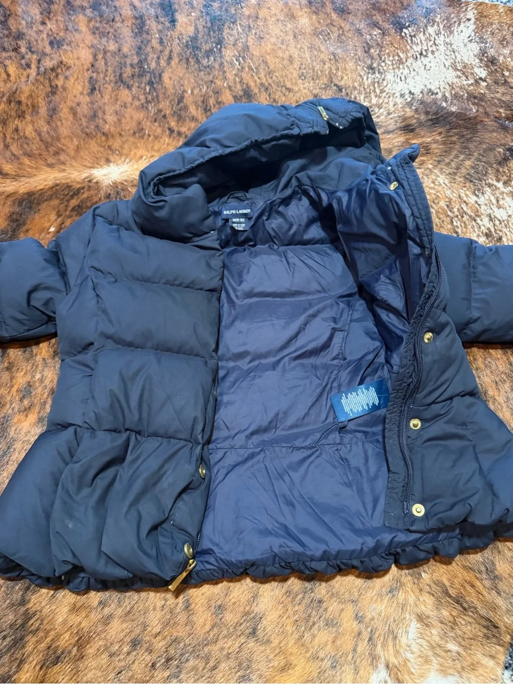 Ralph Lauren Puffer Jacket Girls Sz M 8-10 Navy Down Snap Hooded Pink Pony